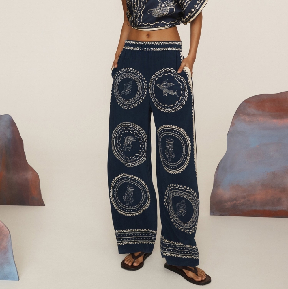 Alemais Oceane Navy Silk Wide Leg Pants with White Patterns